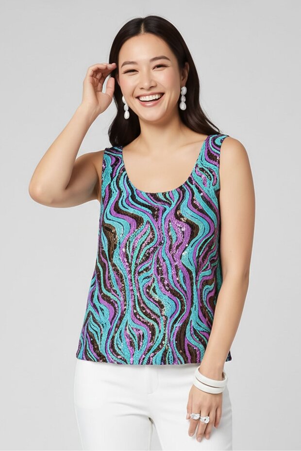 Women U-Neck Embellished Sleeveless Tank Top, Multicolor