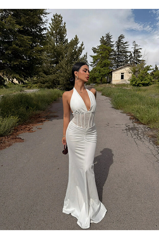 White Waist Corset Maxi Dress