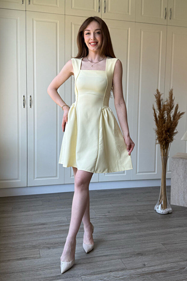 Waist-Tied, Flared Short Yellow Dress