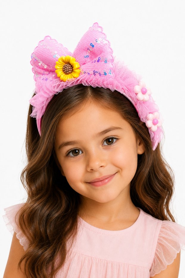 Girl's Pink Flower Detailed Bow Hair Crown with Glitter Tulle Crown
