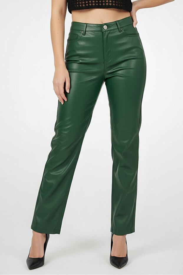 Women Regular Fit Solid Leather Straight Pants, Dark Green