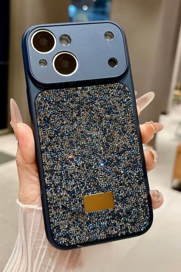 iPhone 13/14 Compatible Navy Blue Luxury Stone Glitter Premium Phone Case with Camera Protection