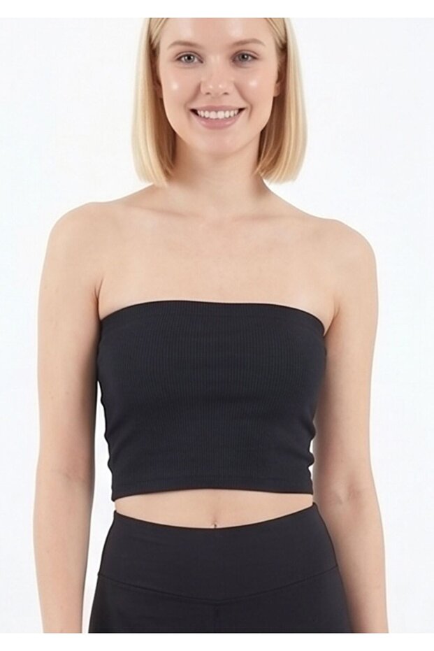 Women's Black Ribbed Strapless Crop Bustier Casual