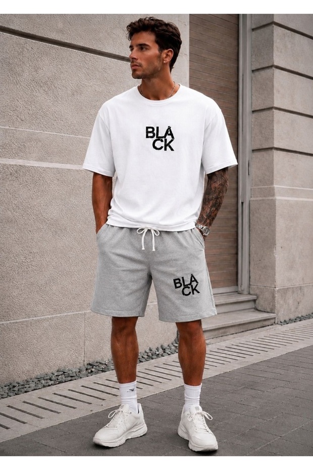 Unisex Wide Cut T-Shirt and Shorts Black Print Set