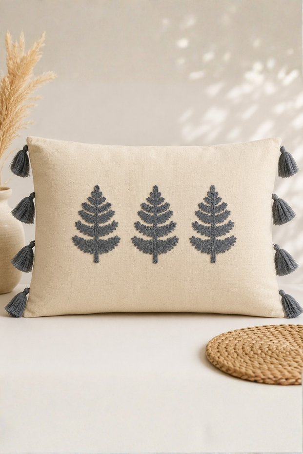 Linen Filled Decorative Pillow Embroidered Tasseled Bohemian Sofa Cushion