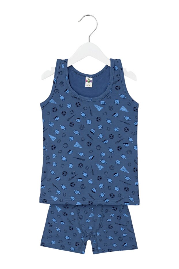 Boy's Blue Printed Cotton Short Set