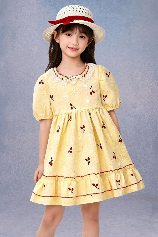 Girl's Cherry Embroidered Lace Collar Brode Dress with Hat - 100% Cotton Lining