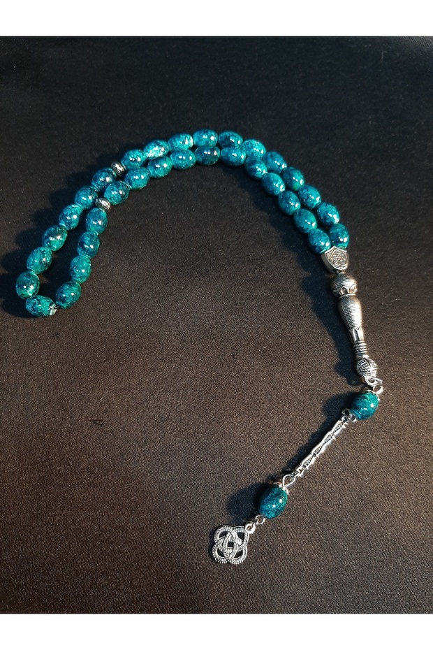 Blue Toned Veined Oval Cut 33-Piece Glass Prayer Beads