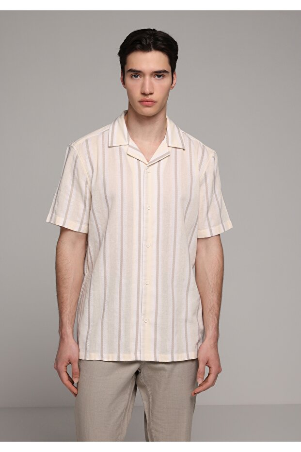 Regular Fit Lapel Collar Striped Men's Brown Short Sleeve Shirt