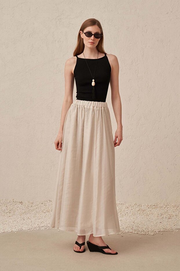 Stone-Waist Elastic Lined Tencel Flared Skirt
