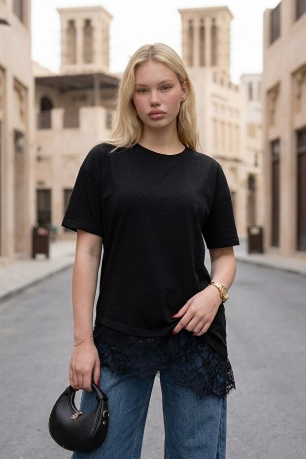 Asymmetric Long Blouse with Lace Detail