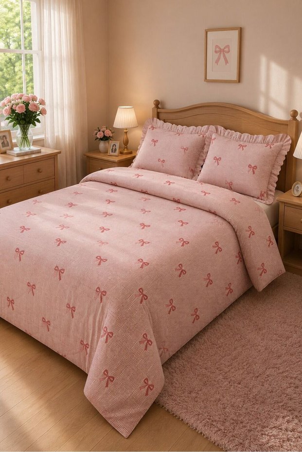 Ruffled Double Duvet Cover Set Pink