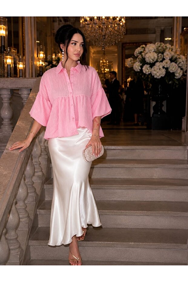 Women's Chiffon Shirt Lapel Buttoned Short Balloon Sleeve Peplum Loose Blouse Shirt
