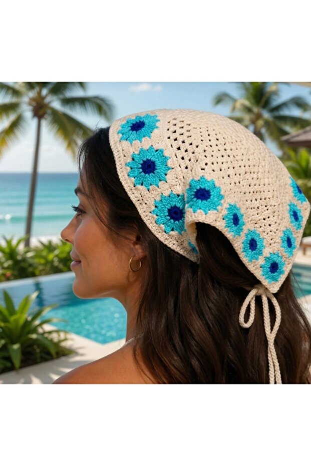 Blue Floral Patterned Cream Knitted Hair Bandana New Image Summer Cool