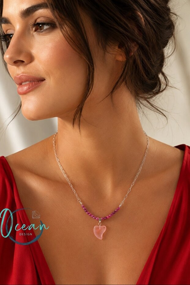 Handmade Ruby Stone Studded Pink Quartz Women's Necklace 45 cm Stainless Steel Chain