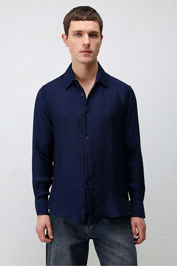 Navy Blue Crinkled Relax Fit Men's Shirt