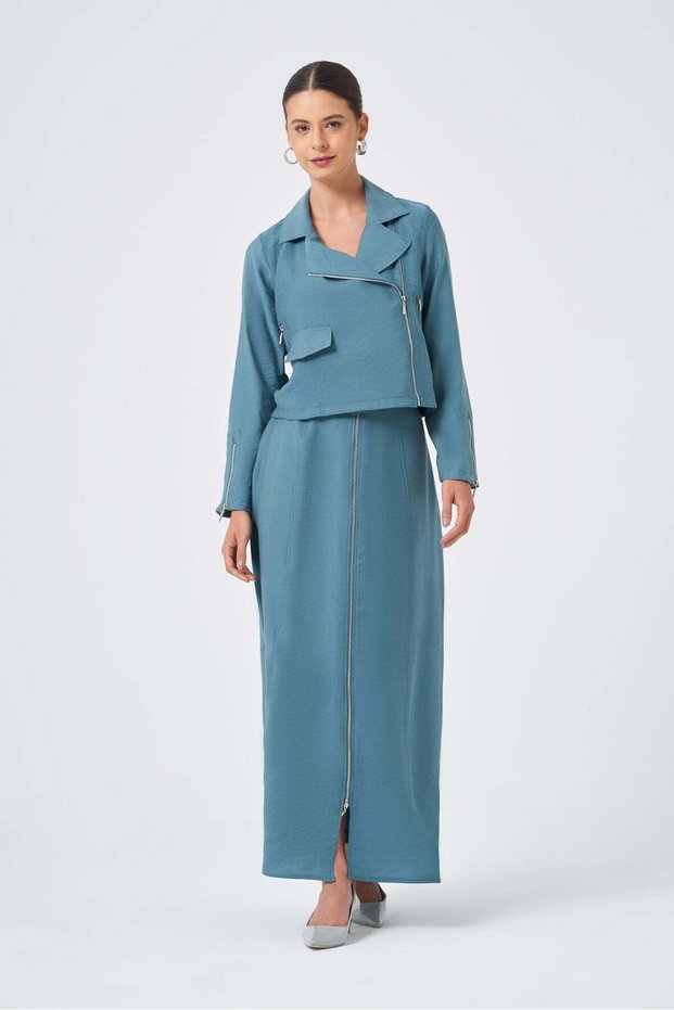 Women's Zipper Detailed Skirt Suit Petrol 31367