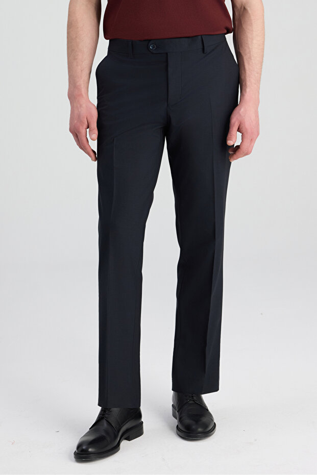 Ds Damat Comfort Fit Dark Navy Blue Plain Travel Fabric Trousers