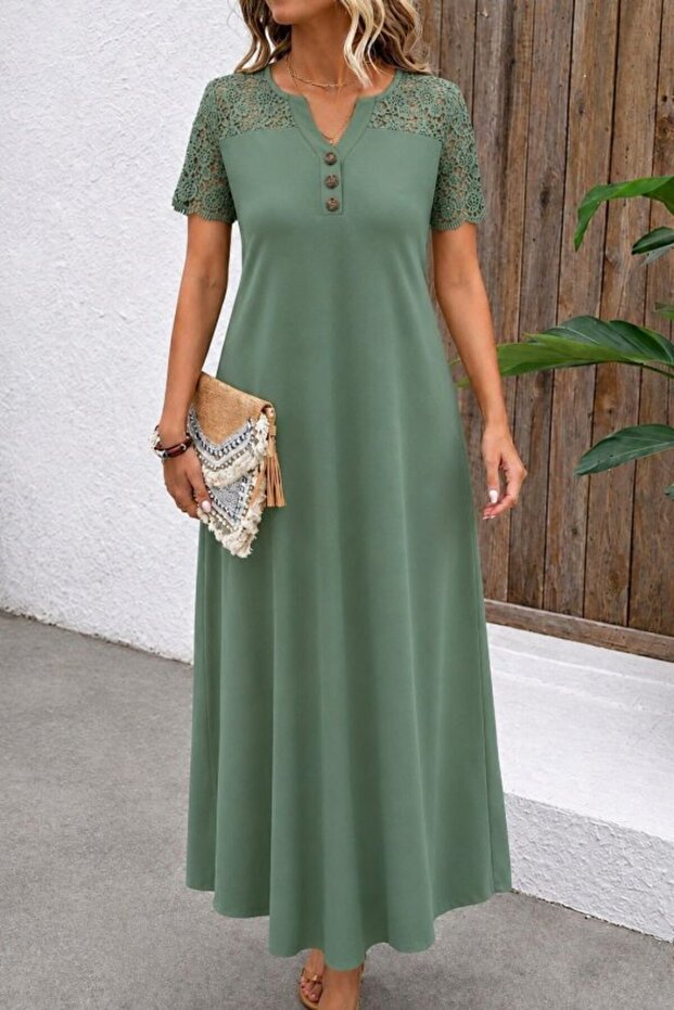 Women's Short Sleeve Lace Button Detailed Long Waffle Dress