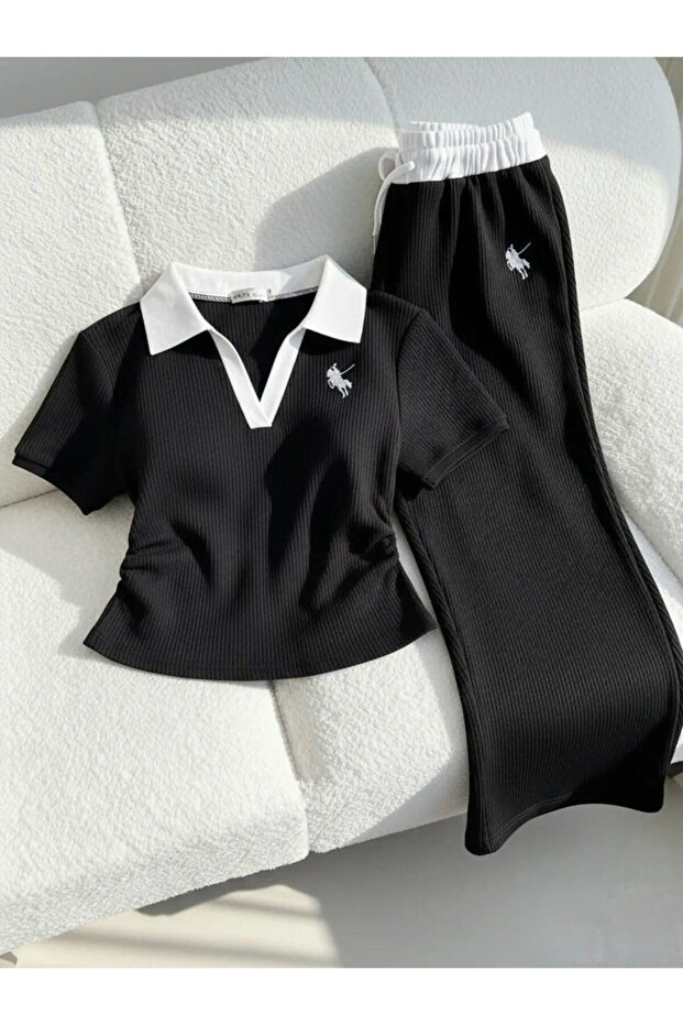 Polo Collar Ribbed Lycra Luxy 2-Piece Tracksuit Set