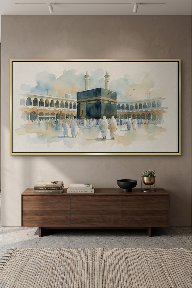 Mecca Watercolor Islamic Wall Art | Framed Canvas Print | Arabic Calligraphy Decor for Living Room, Bedroom, Office & Gift