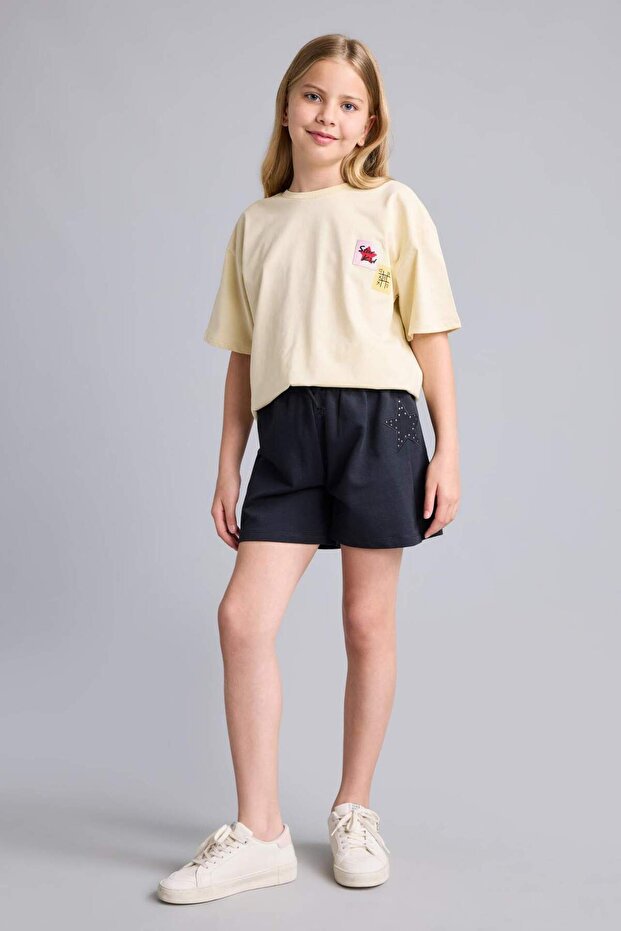 100% Cotton Elastic Waist Star Decoration Detailed Anthracite Shorts for Girls H8764A826Hs