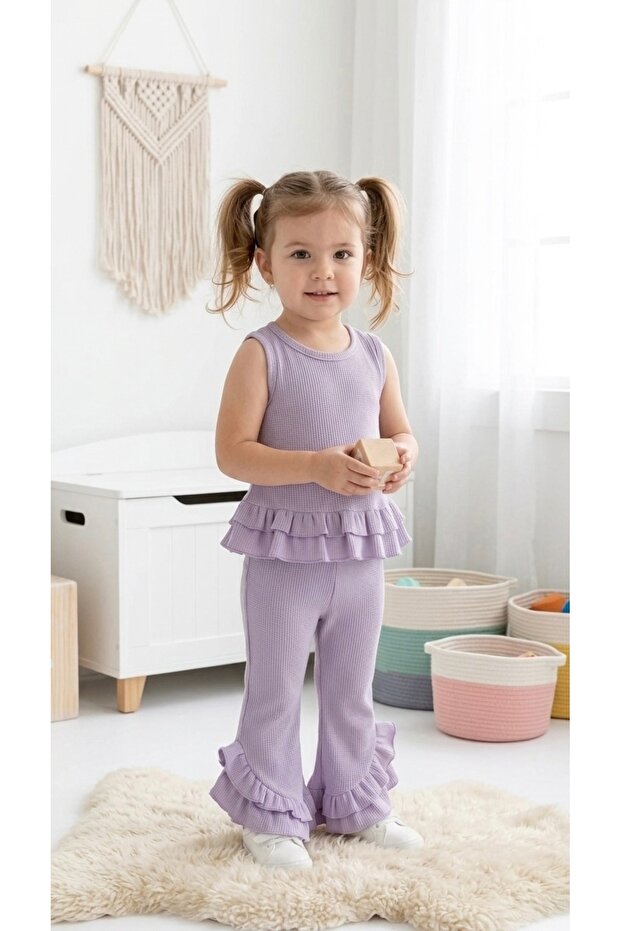 Girl's Summer Ruffle Detailed Waffle Fabric 2-Piece Top and Bottom Set