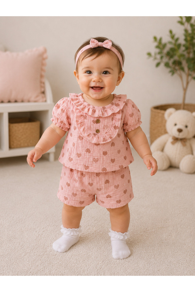 Baby Girl Muslin Heart Patterned Buttoned Shorts Set