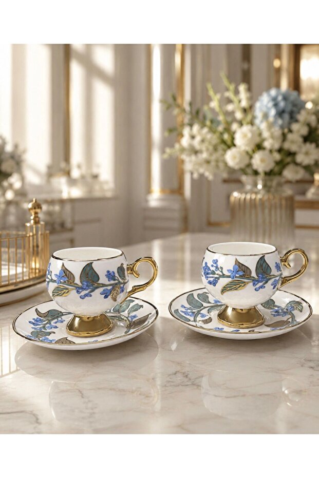 Acar Orvi̇lle Blue Flower Porcelain Coffee Cup for 2 People 90ml