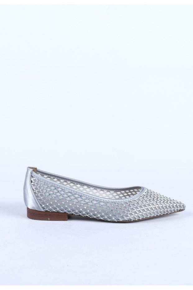 Women's Stone Detailed Transparent Mesh Pointed Toe Ballerina Shoes Silver