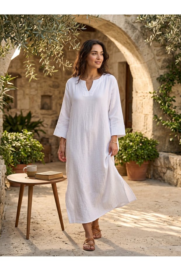 Muslin Tunic Long Dress 100% Cotton Woven Standard Size Loose Summer Beach Dress