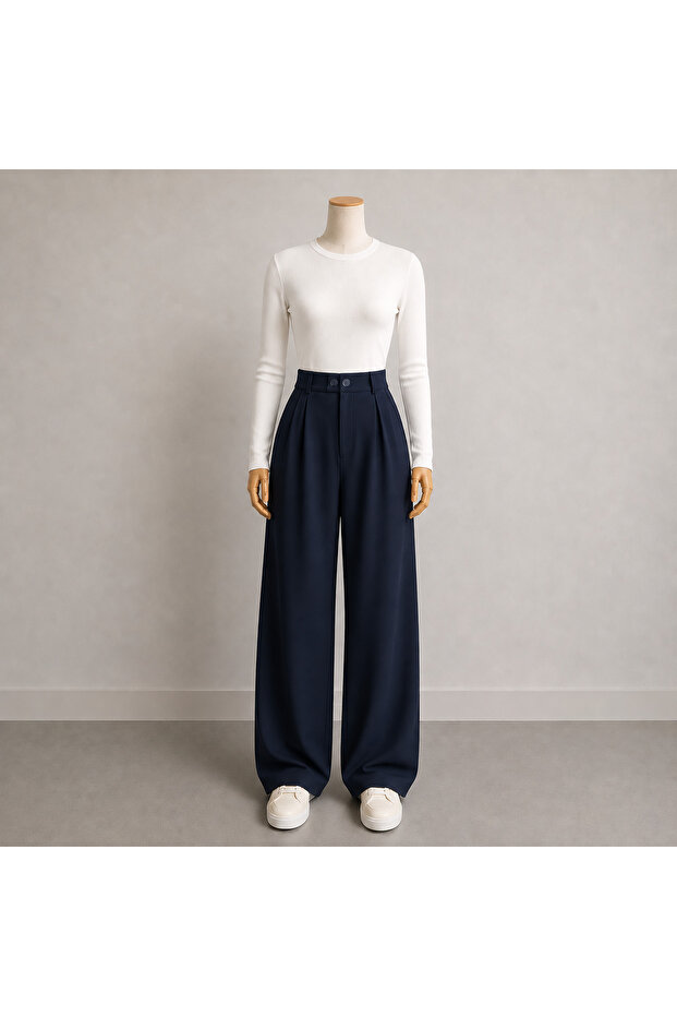 Women's Crepe Fabric Pleated Wide Leg Pants