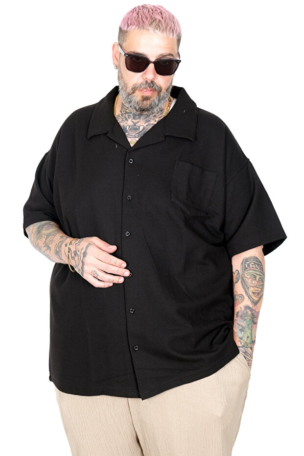 Mode XL Large Size Shirt with Lapel Collar and Long Sleeves U26385 Black