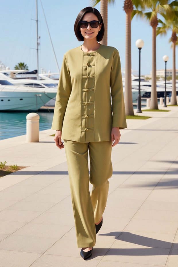 Women's Plus Size Long Sleeve Chinese Closure Detailed Linen Blend Suit Relaxed Fit Casual Modern