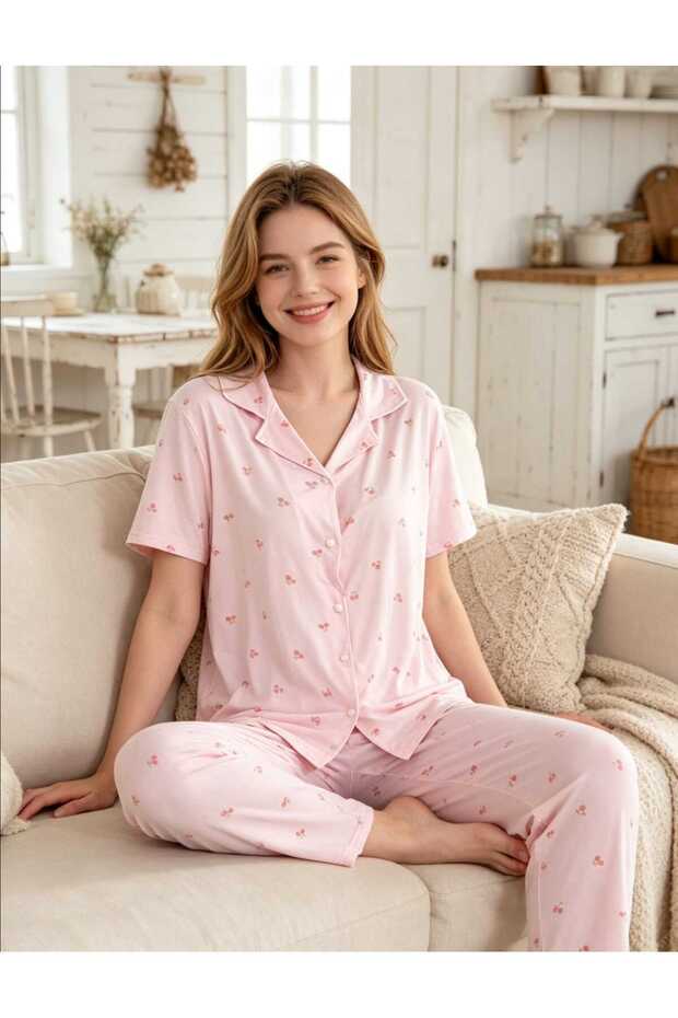 Cherry Pattern Powder Pink Color Shirt Collar Buttoned Short Sleeve Milan Fabric Women's Pajama Set