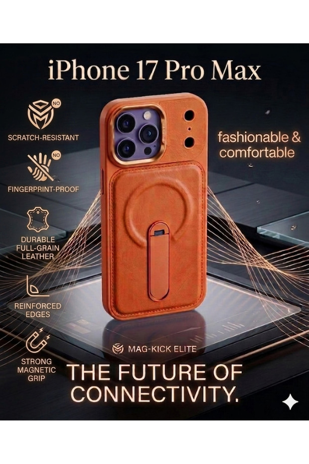Magnetic Leather Phone Case with Foldable Kickstand for iPhone 17 Pro Max, Cosmic Orange