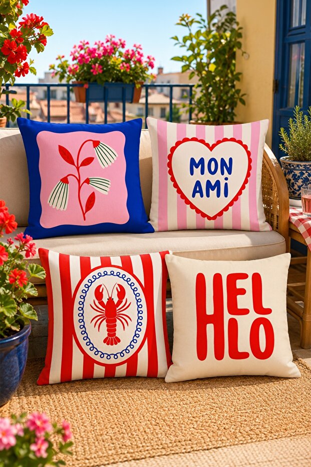 Crab Themed Patterned 4-Piece Throw Pillow Cover Set