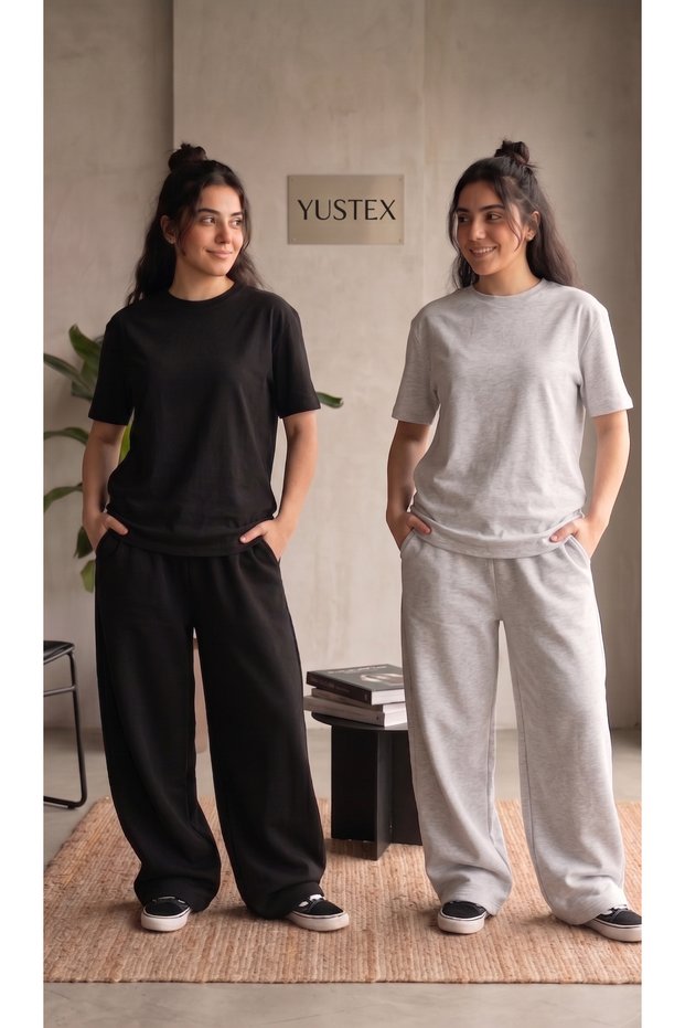 2-Piece Women's Sweatpants (Black & Gray) Oversize Baggy Sweatpants Wide Leg Hijab Set