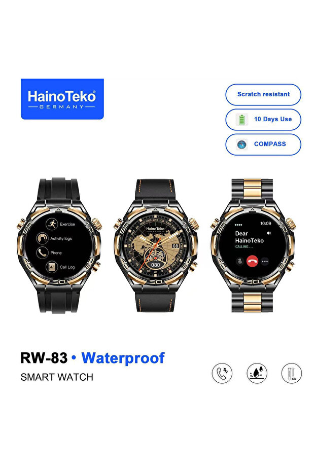 Haino Teko RW-83 Waterproof Smart Watch with Bluetooth Calling AMOLED Display, Compass, 10-Day Battery Life & 3 Interchangeable Straps Designed for Men