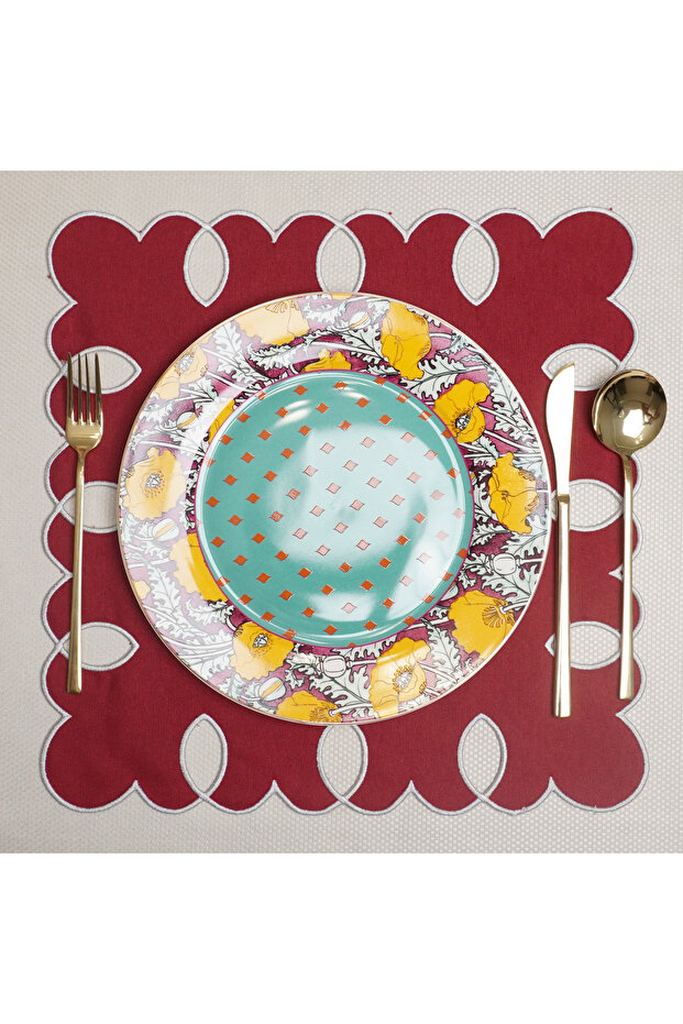 6-Piece Burgundy Noelle Linen Placemat Set Supla | Stain Resistant | Modern Table Decor