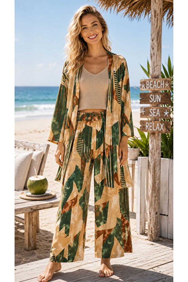 Ethnic Pattern Top-Bottom Trend Kimono Set