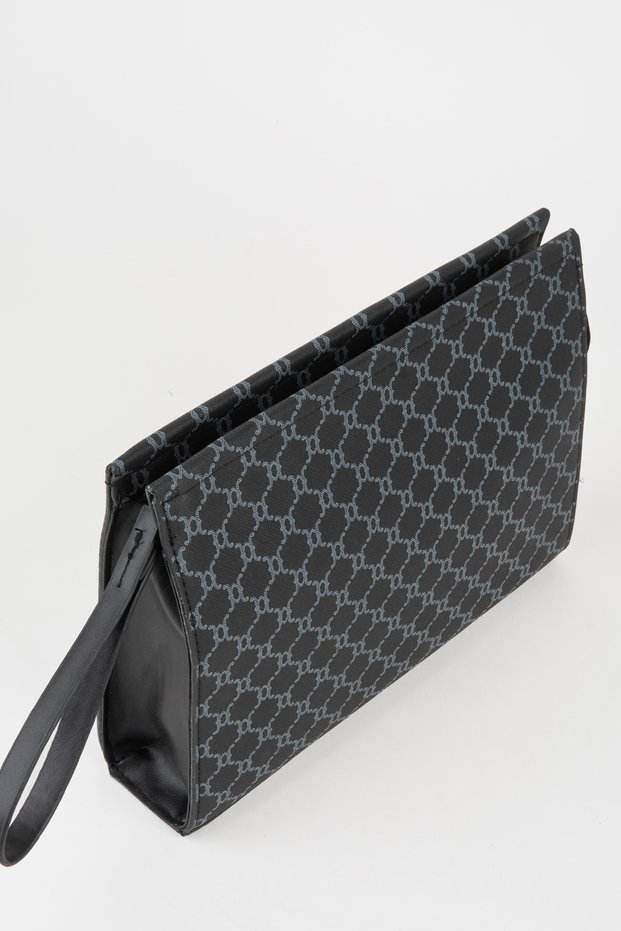 Women's Petunia Patterned Black Lined Faux Leather Wrist Strap Portfolio Handbag and Clutch Bag