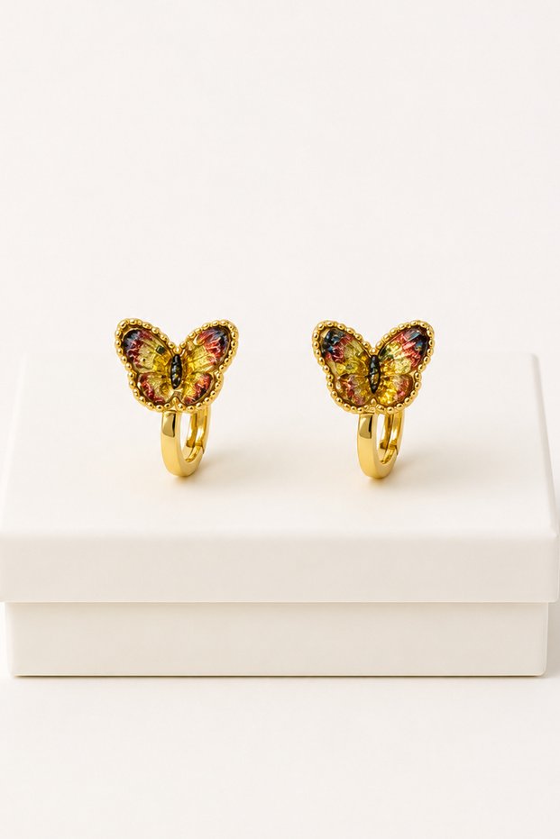 Butterfly Figured Non-Pierced Earrings – Gold Color Clip-On Earrings, Butterfly Design with Stones, for Those Without Ear Holes