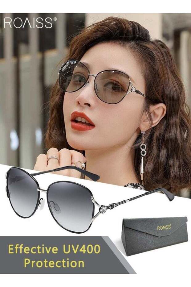 Womens Butterfly Polarized Sunglasses UV400 Protection Metal Frame Decorated with Flower Pattern Fashion Anti Glare Sun Shades with Glasses Case