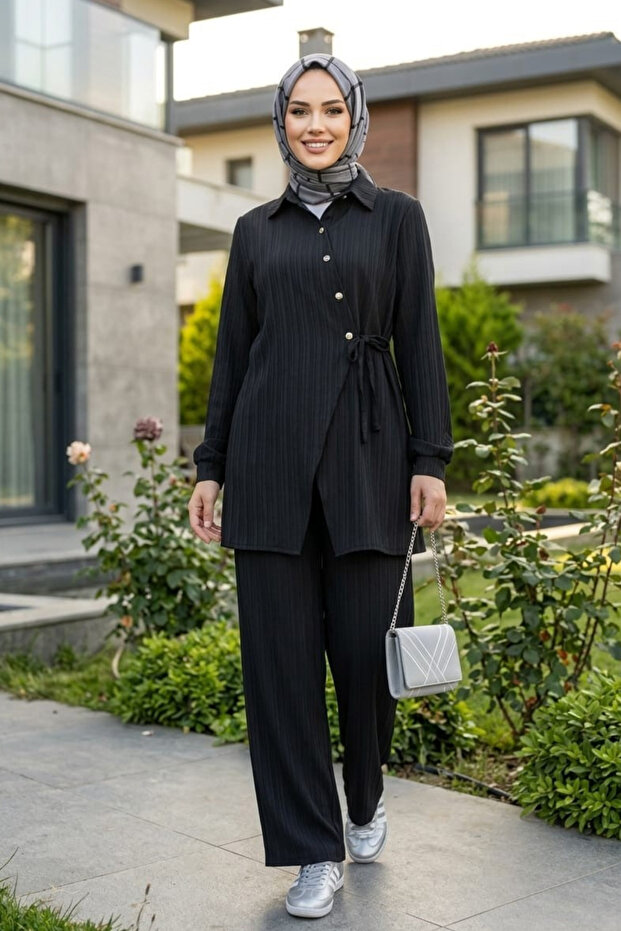Women's Buttoned Belted Strawberry Fabric Tunic Trousers Black Double Set