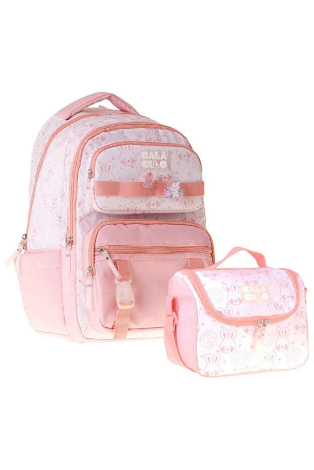 Girl's Primary School Backpack and Lunch Set - Pink with Cat Print Setcc-C4050B