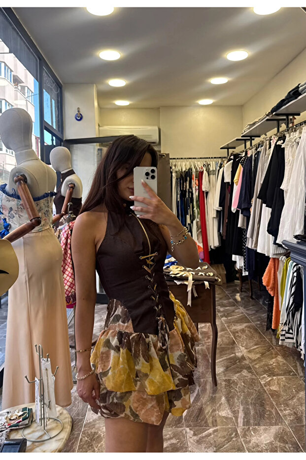 Ethnic pattern corset dress - brown