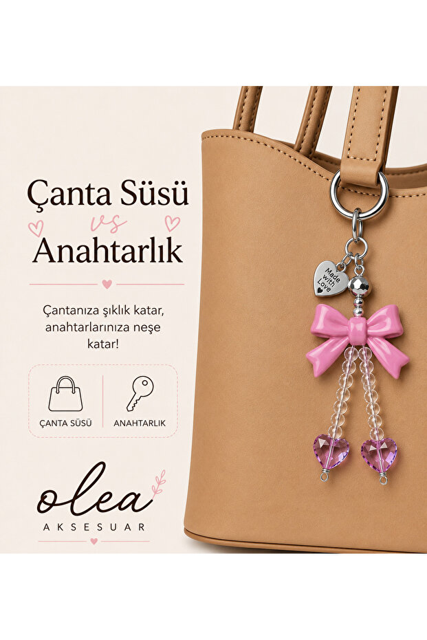 Pink Bow Heart Stone Bag Ornament and Keychain, and Phone Charm