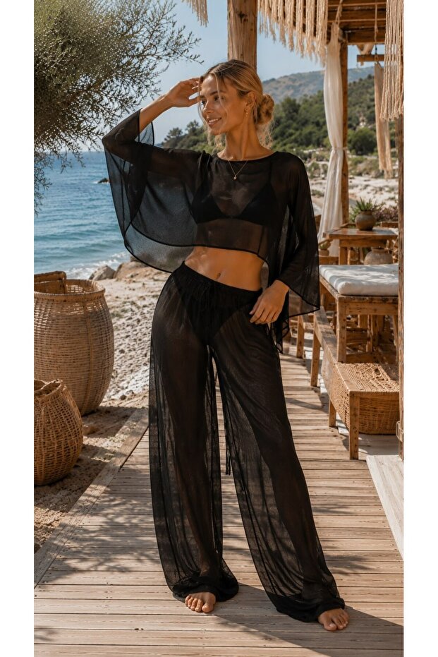 Black Lux Chiffon Fabric Blouse and Pants Beach Wear 2-Piece Set L/Xl