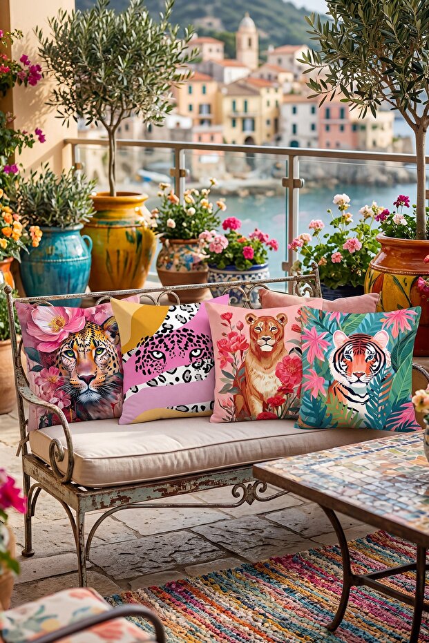 Tiger Drawings Patterned 4-Piece Throw Pillow Cover Set